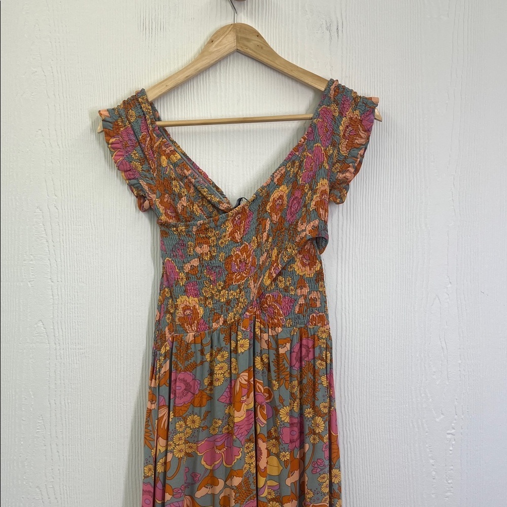 Aakaa - Colorful Floral Smocked Cross Chest Slit Long Maci Dress Size Small - Picture 10 of 12